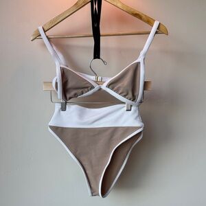 Beach Riot Two-Tone White and Taupe Ribbed Bikini Set